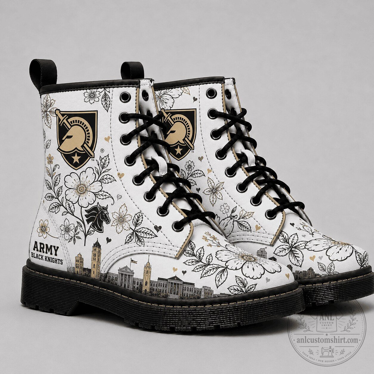 White Combat Boots with Floral Design featuring Army Black Knights 1 White Combat Boots with Floral Design featuring Army Black Knights